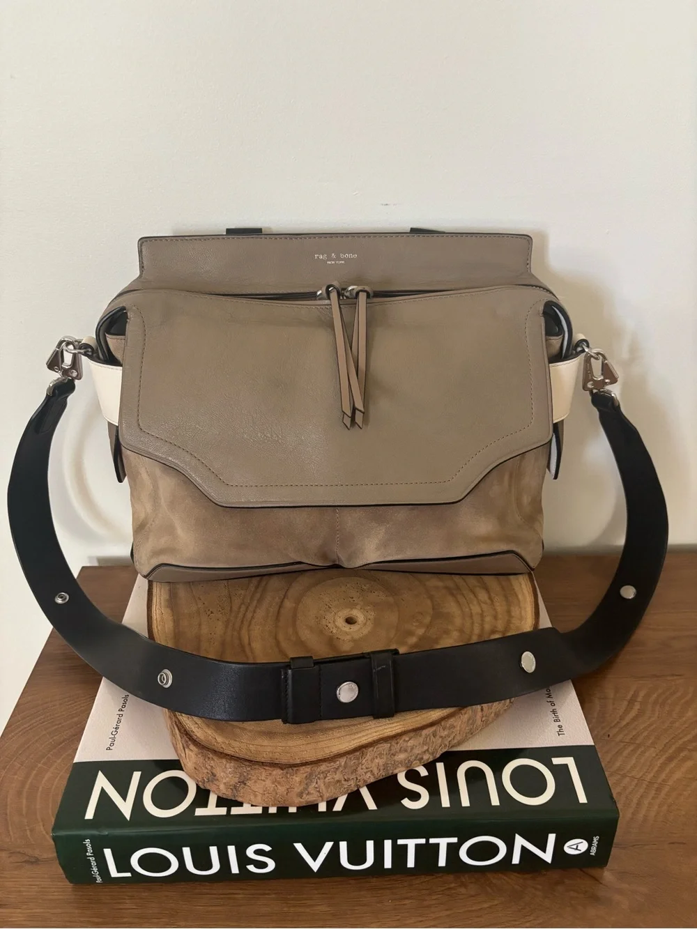 rag & bone Taupe Leather & Suede Messenger Bag with Black Strap